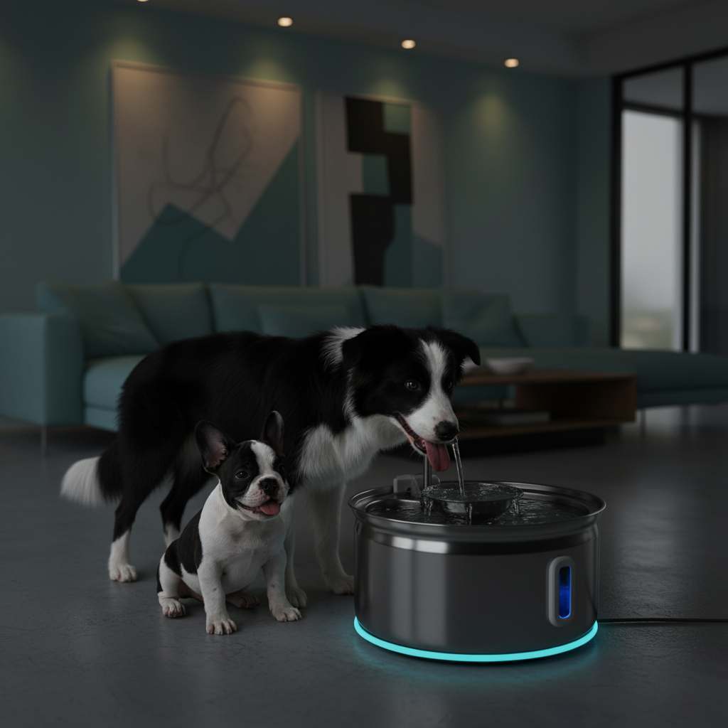 Two dogs standing next to a modern pet water fountain in a dimly lit room.