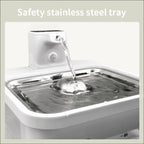 Stainless steel tray with water being poured into it, labeled 'Safety stainless steel tray'.