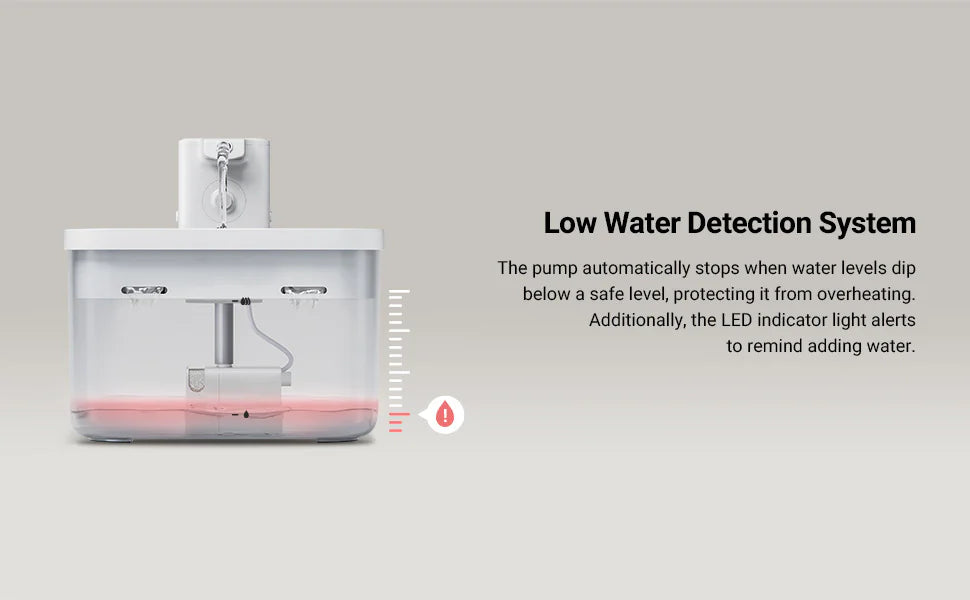 Low water detection system with pump and LED indicator light on a gray background