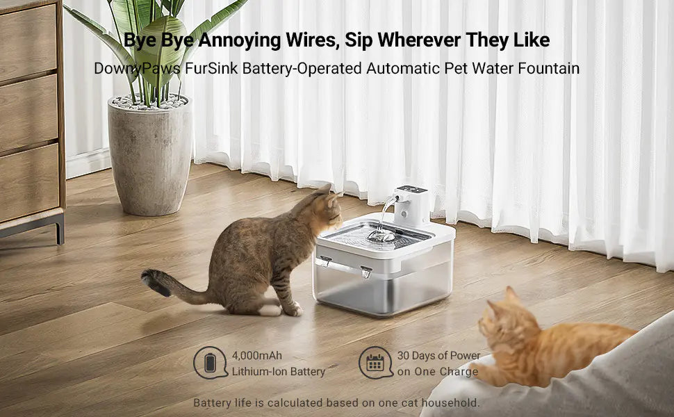 Cat drinking from a FurSink battery-operated automatic pet water fountain in a home setting.