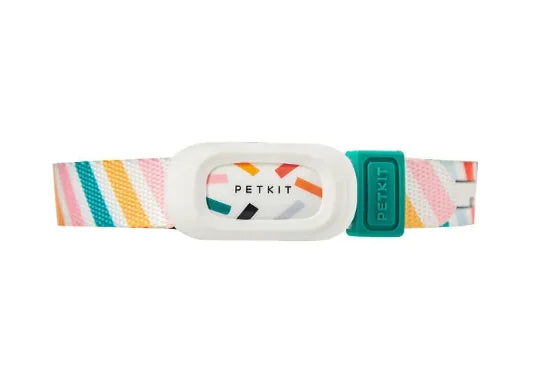 Colorful pet collar with 'Petkit' branding on a white background