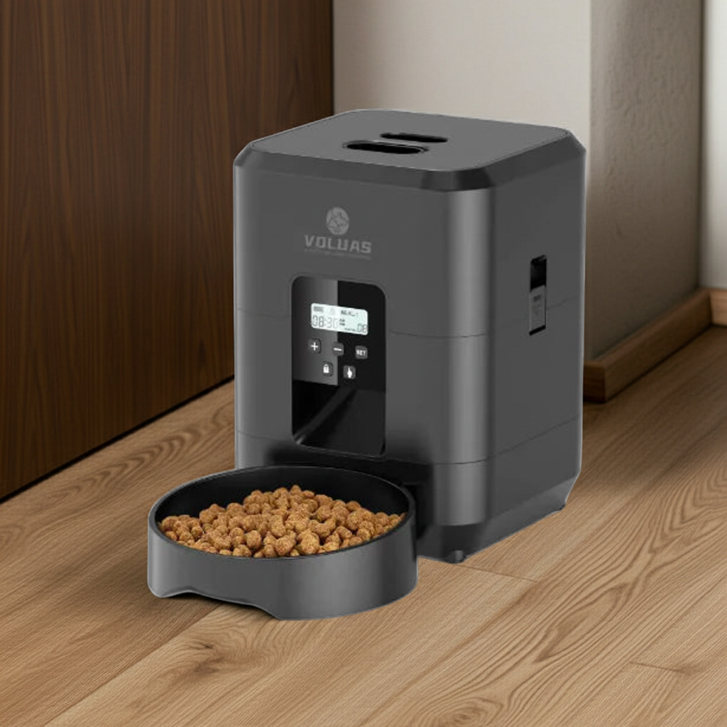 Pet food dispenser with a bowl of kibble on a wooden floor