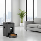Black pet food dispenser with food in a modern living room setting.