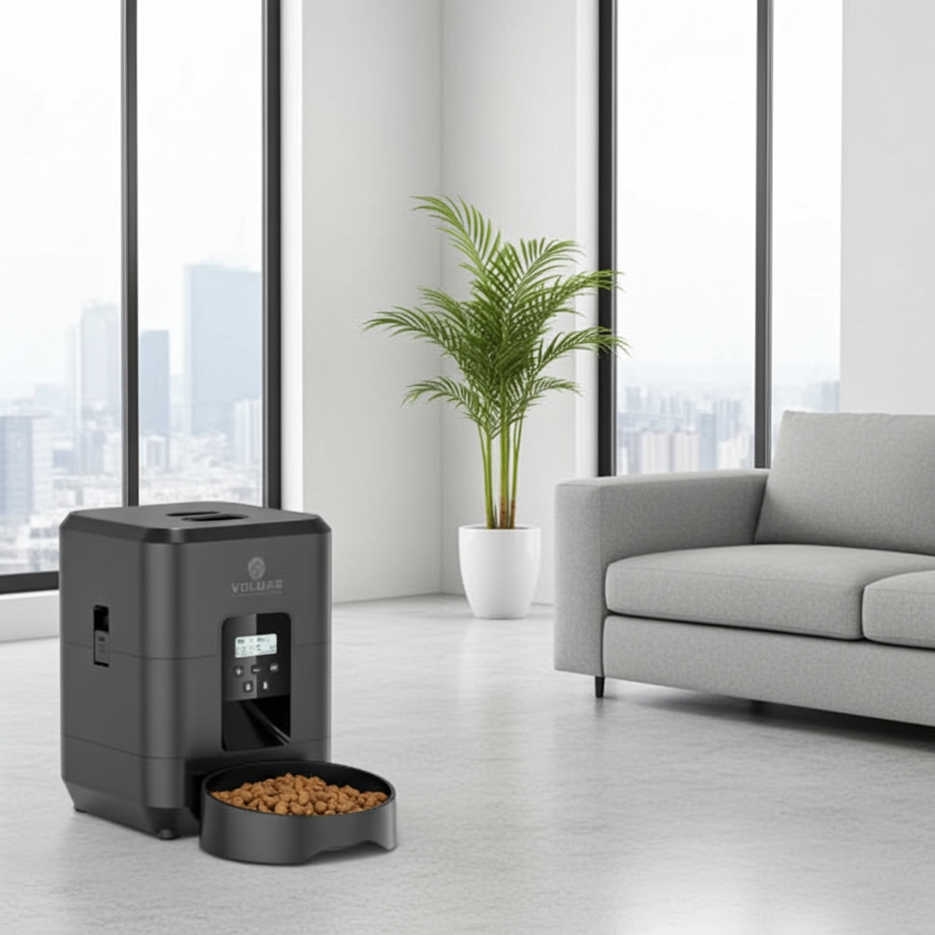 Black pet food dispenser with food in a modern living room setting.