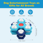 Dog entertainment toy with blue and white design, featuring text about material, cleaning, and no screw feature.