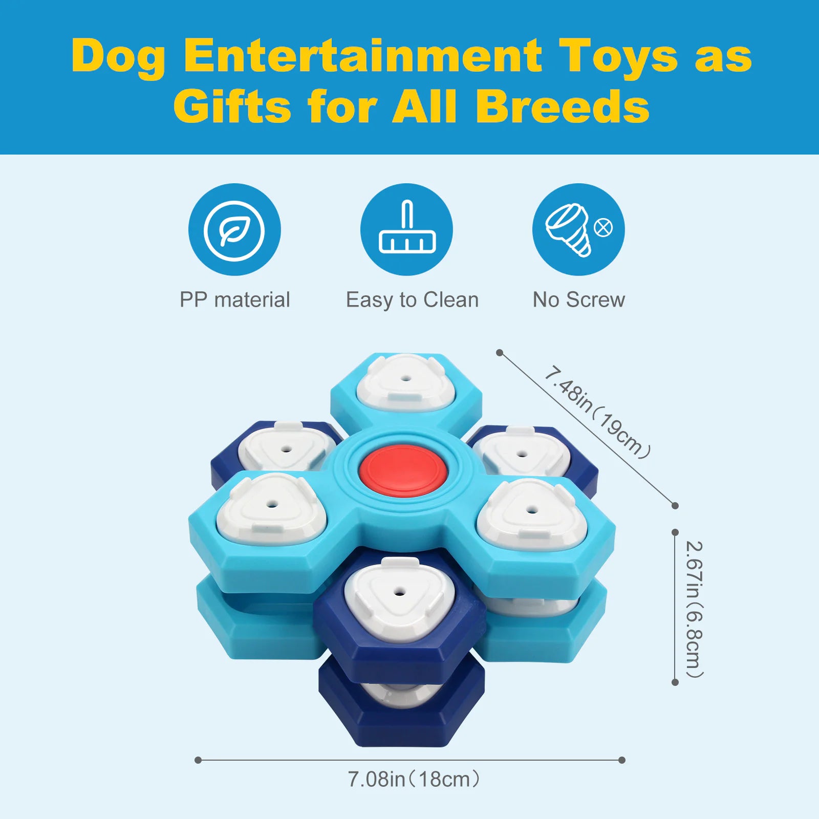 Dog entertainment toy with blue and white design, featuring text about material, cleaning, and no screw feature.