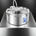 Stainless steel pet water fountain on a reflective surface with a dark background