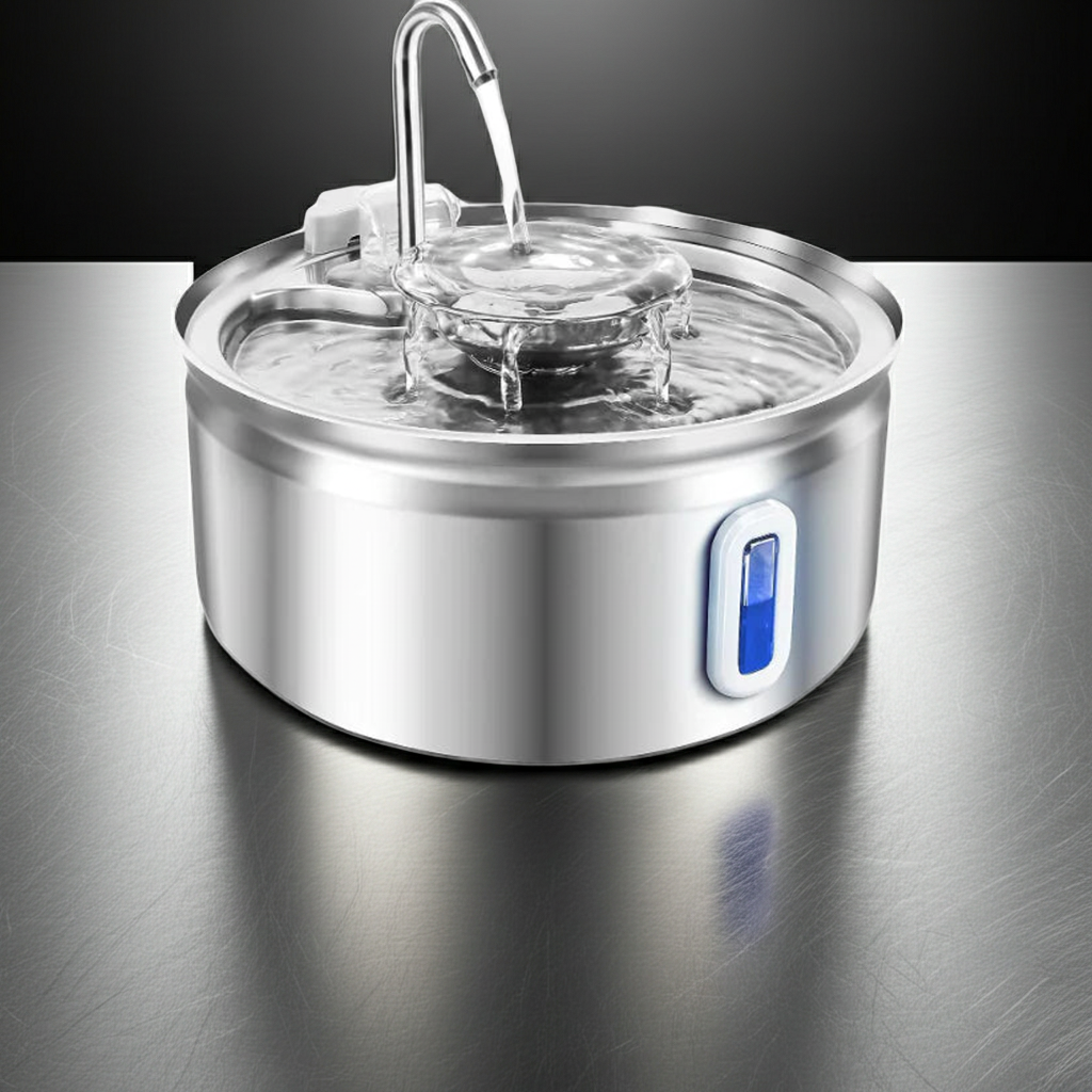 Stainless steel pet water fountain on a reflective surface with a dark background