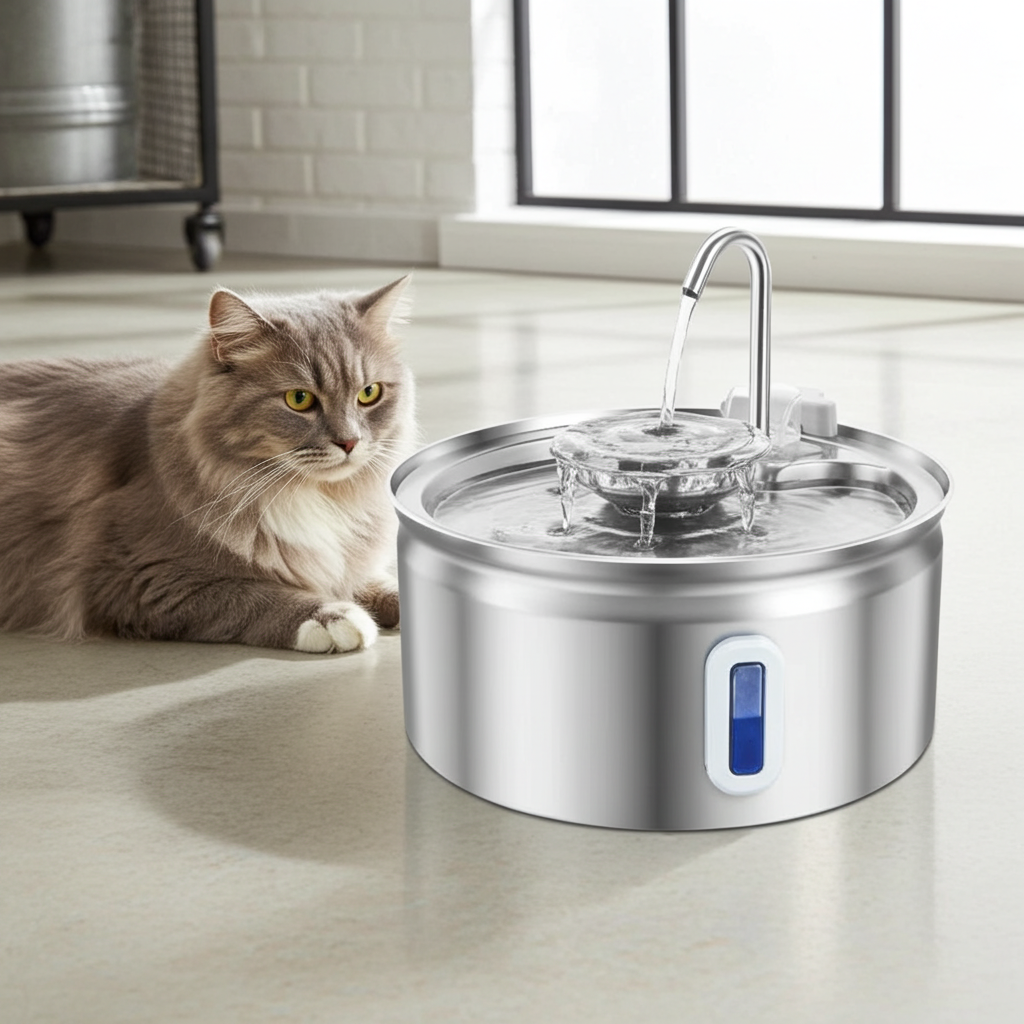 Cat sitting next to a stainless steel pet water fountain on a light-colored floor.
