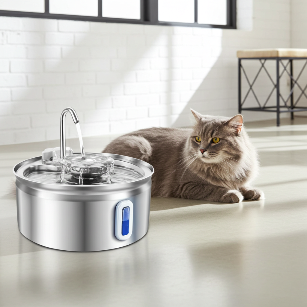 Cat sitting next to a stainless steel pet water fountain in a modern kitchen.