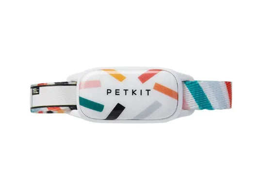 Colorful pet collar with 'PETKIT' branding on a white background