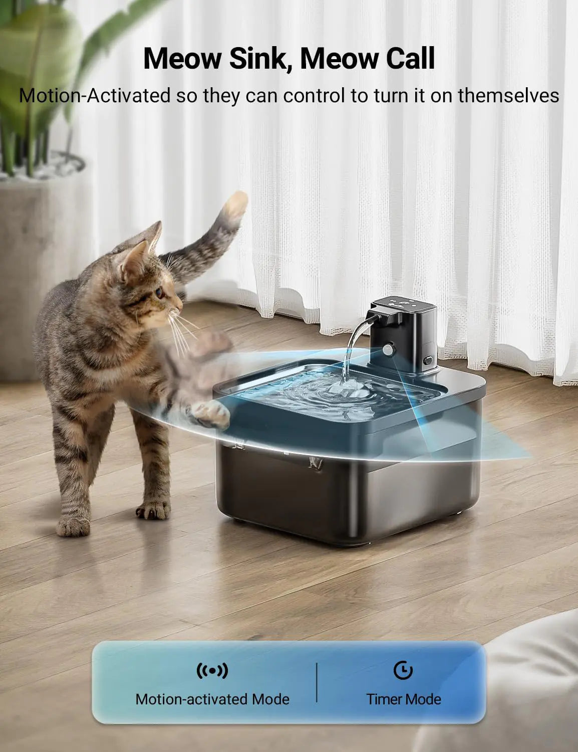 Cat interacting with a motion-activated water fountain on a wooden floor.