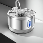 Stainless steel pet water fountain on a light gray background