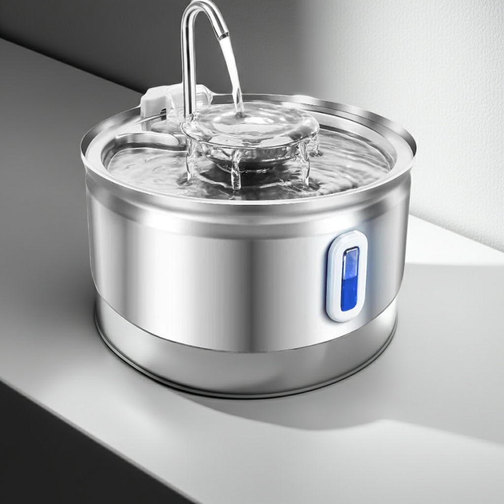 Stainless steel pet water fountain on a light gray background