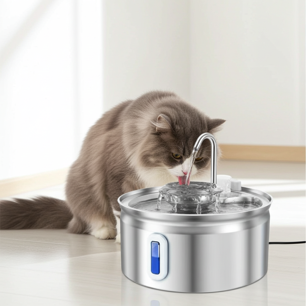 Cat drinking water from a stainless steel pet fountain on a light-colored surface.