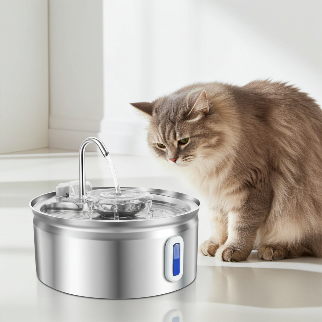 Cat drinking water from a stainless steel pet fountain on a light-colored surface.