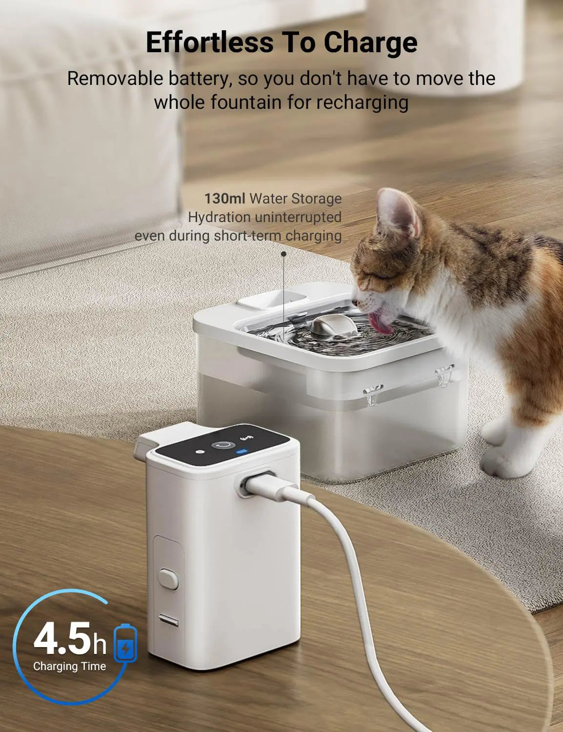 Pet water fountain with charging station and cat drinking from it, emphasizing ease of use and charging.