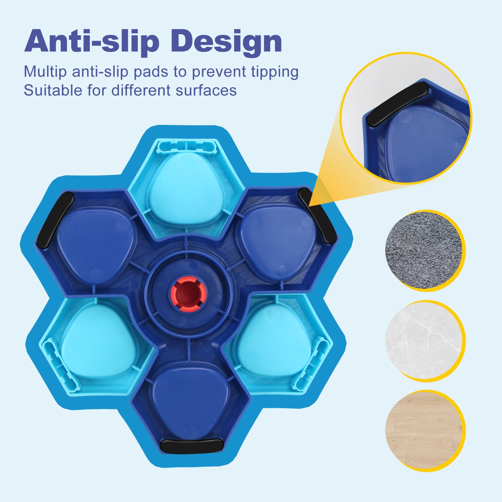 Blue and black spinner toy with anti-slip design on a light blue background